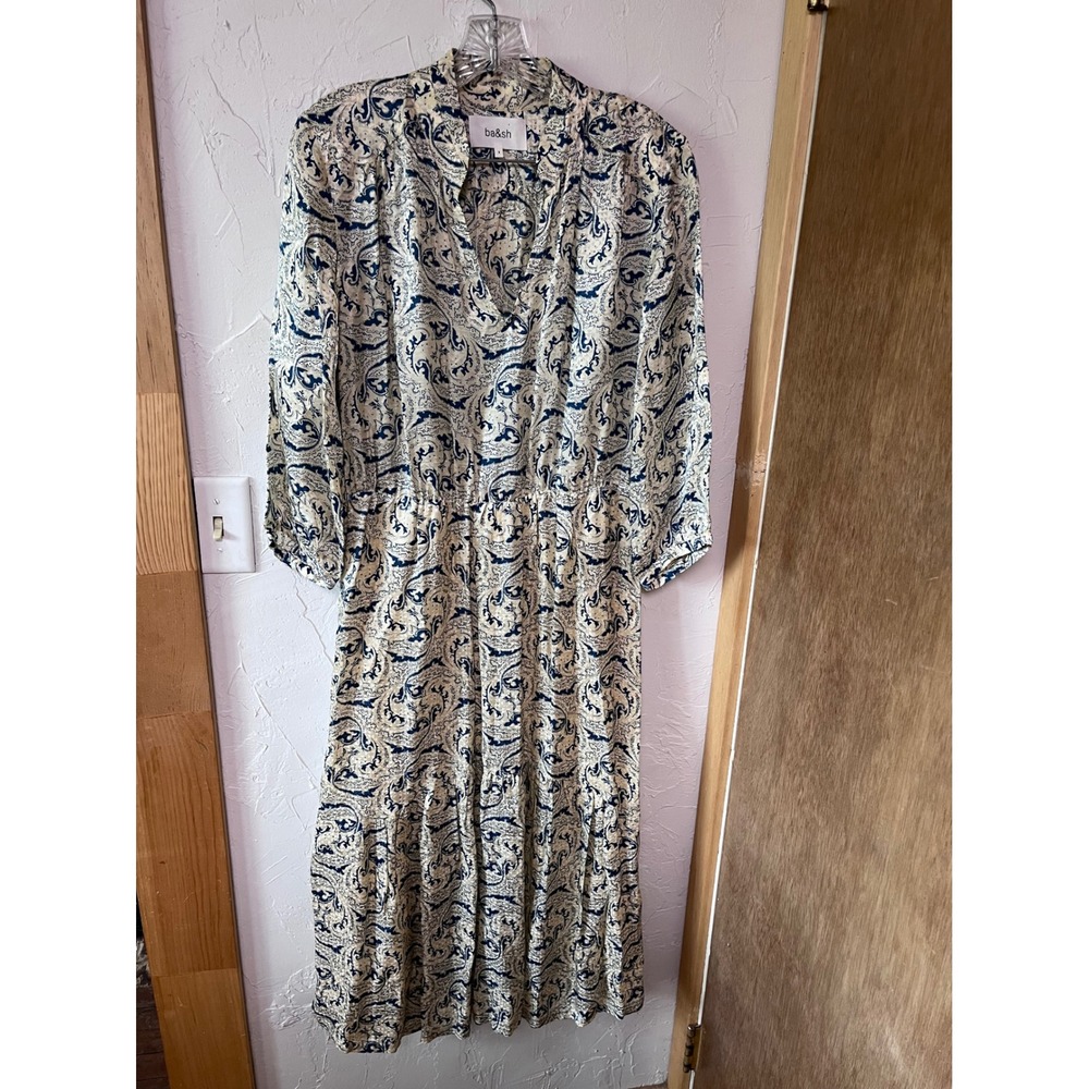 ba&sh Song Midi Dress Blanc Blue Paisley Silk Blend Jacquard V-Neck Size 3 NEW
